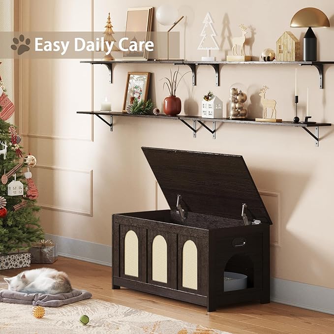 DINZI LVJ Cat Litter Box Enclosure, Flip Top Litter Box Furniture, Rattan-Like Hidden Cat Washroom, Wooden Pet House, End Side Table, 39.4"L x 19.7"W x 19.7"H, Easy to Assemble, Espresso with Rattan