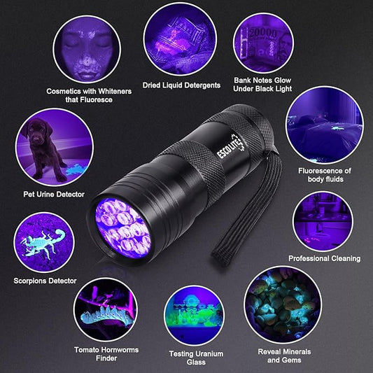 ESCO LITE 2 Packs Black Light Flashlight, 12LED 395nm UV Handheld Black Light Mini Flashlight, Dogs Urine Detector for Dry Urine Stains, Bed Bugs, Scorpions