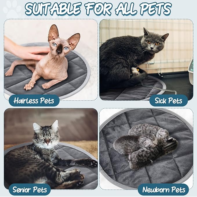 2 Pcs Cat Heating Pad Round 16 Inch Self Heating Cat Mat Washable Heated Bed Anti Slip Warming Pad Pet Bed Mat for Kennel Dog Crate Indoor Outdoor(Gray,19 Inch)