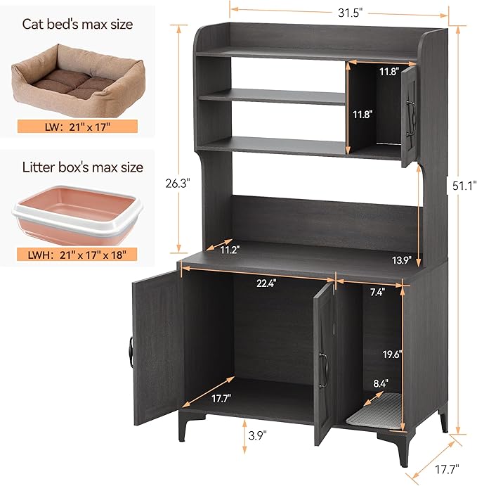 Large Cat Litter Box Enclosure Furniture with 3 Open Shelves and Storage Cabinet, Farmhouse Cat House Washroom with Scratch Pad, Modern Wood Pet House Side End Table for Livingroom Bedroom