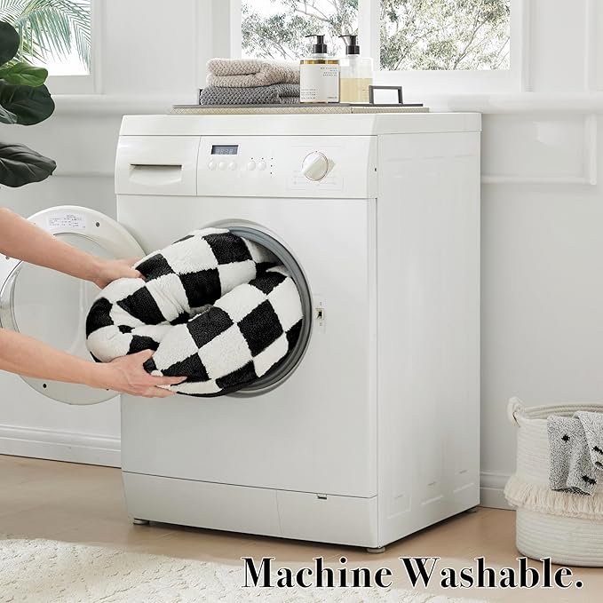 Checkered Dog Bed, Cute Black White Retro Style Aesthetic Round Warming Pet Calming Beds for Small Dog and Cats, Plush Cozy Donut Dog Beds Washable, 30" L x 30" W x 8" Th