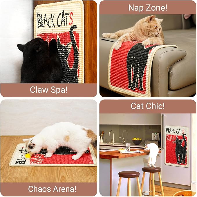 SOLDAY Sisal Cat Scratcher Mat for Floor Wall Carpet Couch Furniture, 22x13 inch Anti Scratch Furniture Protector, Cat Scratching Posts Board with Velcro Tape(Black Cat Rules)