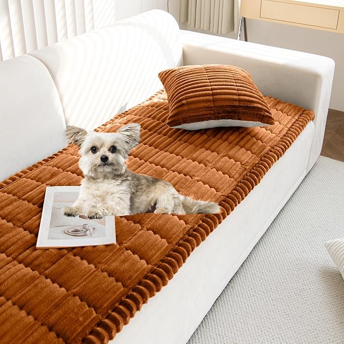Faux Fur Plush Dog Couch Cover 3D Stripe Fuzzy Sofa Cover Non-Slip Fluffy Dog Bed Cover Pet Blanket Sofa Couch Furniture Protector for Puppy Large Dog Cat (Brown,28"x59")