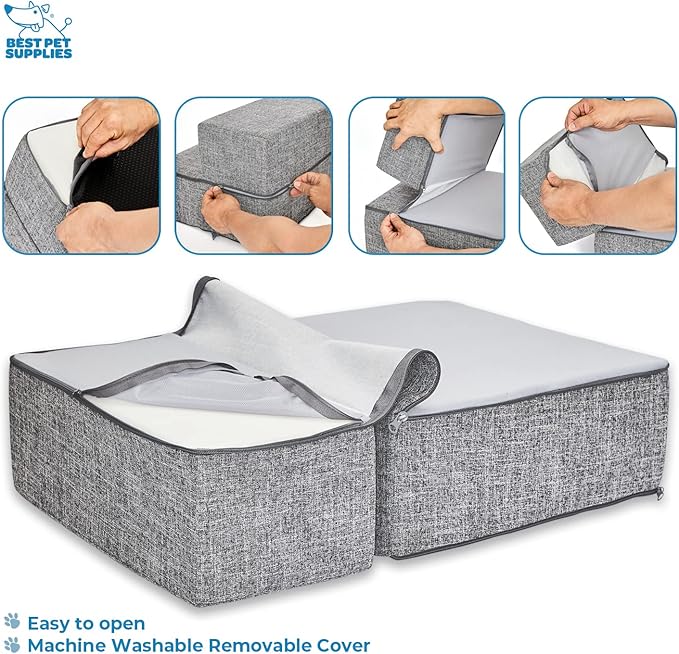 Best Pet Supplies Dog Stairs & Steps - Foam Steps for Small Dogs & Cats, Non-Slip Indoor Balanced Pet Step Support, Dog Ramp, No Assembly, Ash Gray Linen, Foldable 2-Step (12-inch Height)