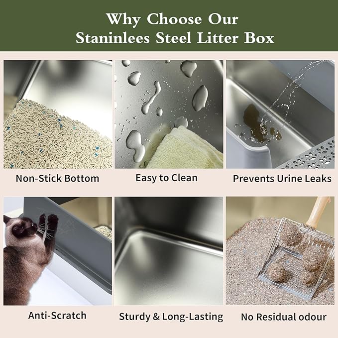Stainless Steel Litter Box X-Large Enclosed Metal Cat Litter Box for Big Cats with Lid Litter Mat Metal Scoop Long Lasting Odor Free Easy Clean Non-Sticky High Sided Anti-Leakage Grey XL