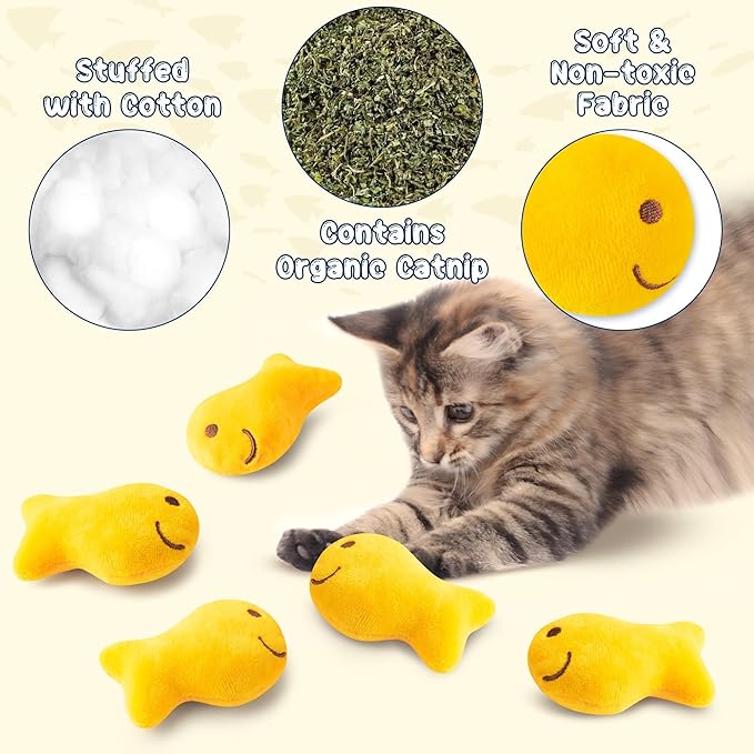 L1rabe Goldfish Cracker Catnip Stuffed Toys - Summer Black Cat Appreciation Day 5P Goldfish Cat Toys Funny Yellow Indoor Cats Chew Bite Teething Tools Kittens Birthday Gifts Interactive Pet Supplies