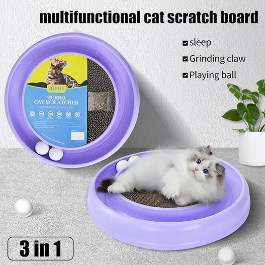 Interactive Cat Scratcher with Two Rotating Balls,Durable Scratch Pad for Indoor Play,Cardboard Cat Scratcher Pad with Cat Toy Ball Track and Catnip,2-in-1 Cat Toy (Purple)