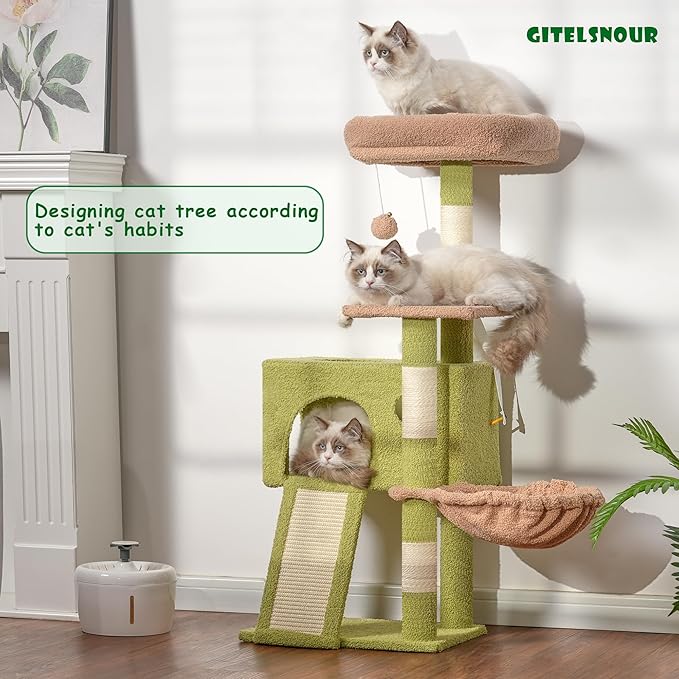 Cat Tree, 41.3" Cat Tower for Indoor Kittens with Scratching Board and Posts, Multi-Level Cozy Cat Condo with 2 Perches, Hammock, Balls, Green and Yellow GCT005SGY