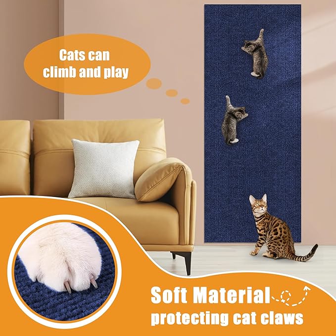 Cat Scratching mat Self-Adhesive, Trimmable Furniture Protector for Couch, Sofa, Wall & Cat Trees - Durable Scratch Pad with Nano Tape, DIY Climbing Carpet for Indoor Cats (Dark Blue, 78.7"x15.8")