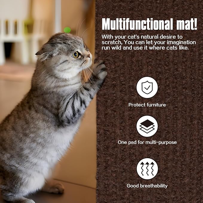 Cat Scratching Mat,Cat Scratch Furniture Protector, Trimmable Self-Adhesive Couch Protector,Carpet Replacement for Tree Shelves, Sofa and Scratching Post (40"x15.8",Brown)