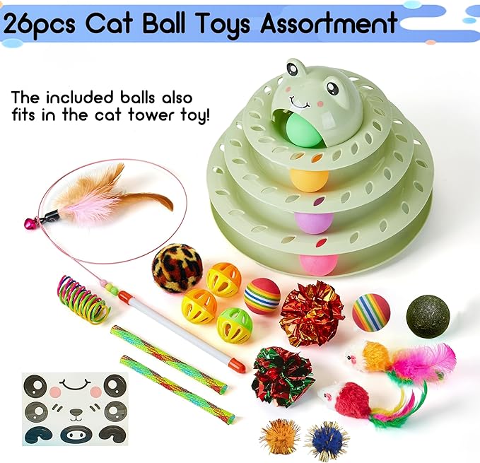 Gefryco 26pcs Cat Toys 4-Level Roller Track for Indoor Cats, Interactive Cat Toy with Colorful Balls Self Play Kitten Puzzle Toys, Fun Kitty Exercise Toys (Green)