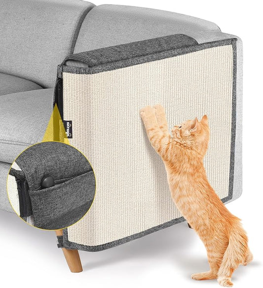 NATUYA Cat Scratch Couch Protector, Sisal Furniture Protector Cat Scratching Pad, Anti-Cats Scratch Sofa Armrest Couch Protective Shield with Pocket (Dark Gray, Fit Left or Right)
