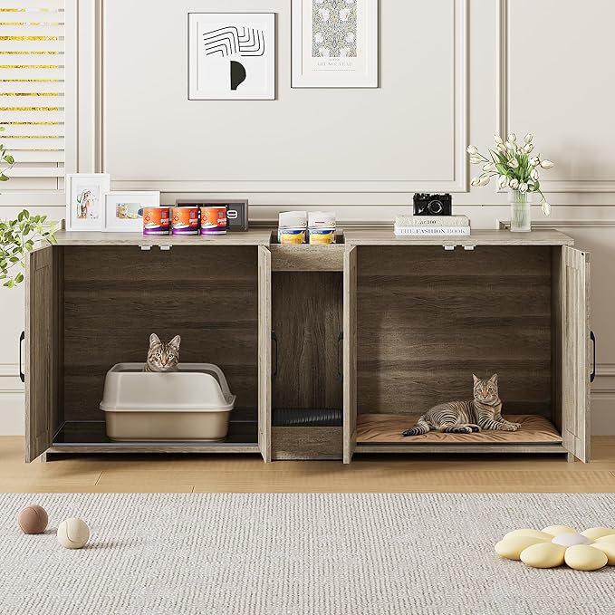 Cat Litter Box Enclosure Furniture - Hidden Litter Box Double Cabinet with Scratch Pad & Cats Bed | Farmhouse Style End Table for Cats | Discreet Cat Washroom for Living Room & Bedroom Grey