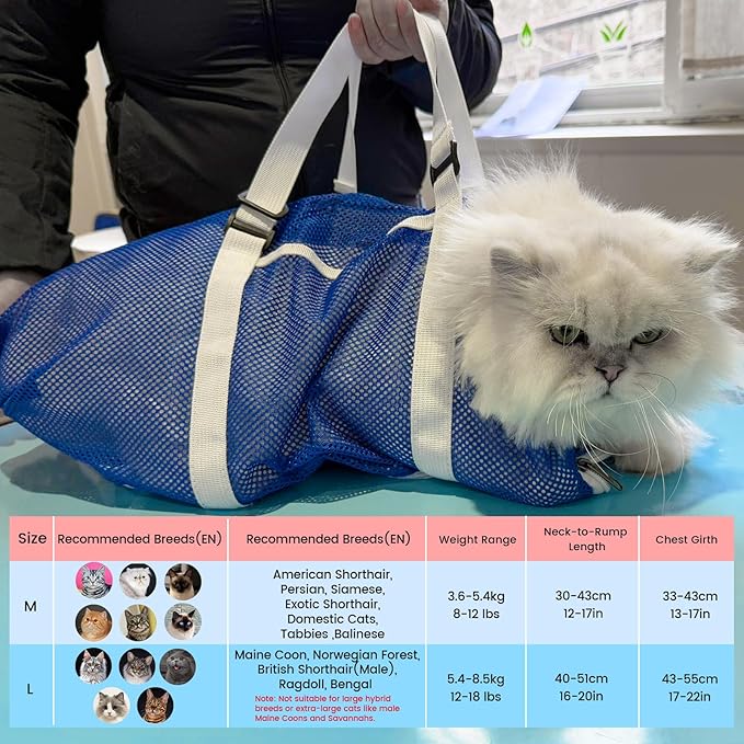 Cinf Cat Bathing Bag(Free Muzzle) Breathable Mesh Anti Scratch Adjustable Cat Grooming Bag for Nail Trimming, Bathing Soft Cat Washing Bag(Blue) M