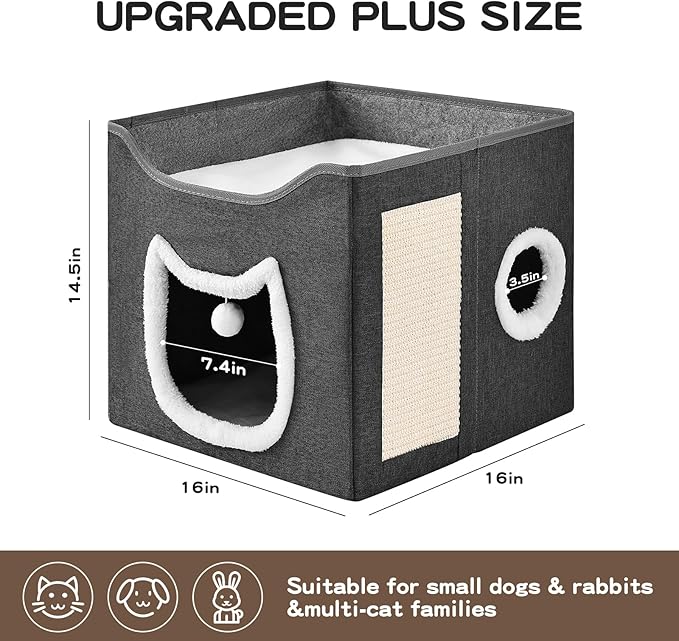 Cat Beds for Indoor Cats, Large Cat Cave with Fluffy Ball and Scratch Pad, Foldable Cat Scratch House with Hideaway Condo for Kitten,16x16x14.5inch,Grey