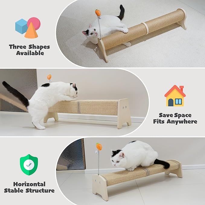 PETKARAY Horizontal Scratching Post, 30" Sisal Cat Scratch Pad, Large Floor Mounted Cat Scratcher with Spring Toy, Protect Furniture for Indoor Kitten