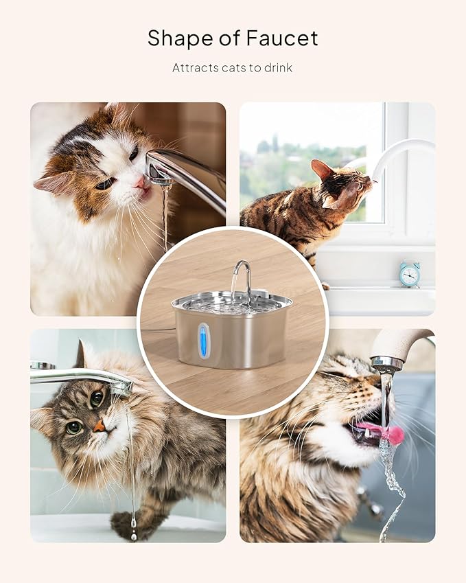 Cat Water Fountain - 3.2L/108oz Stainless Steel Pet Water Drinking Fountain for Cats Indoor, Dog Water Fountain with Water Level Window and 6 Filters + 6 Sponges
