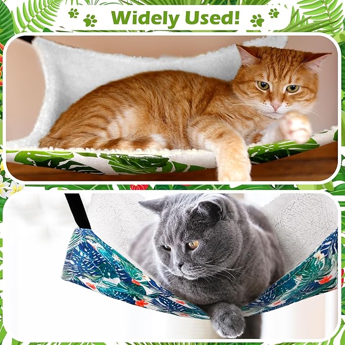 2 Pieces Reversible Cat Hanging Hammock Soft Breathable Pet Cage Hammock with Adjustable Straps and Metal Hooks Double Sided Hanging Bed for Small Dogs Rabbits(Monstera Leaf,M)