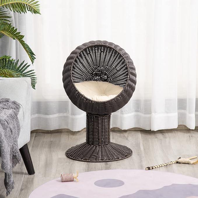 PawHut Elevated Cat Bed with Rotatable Egg Chair Pod, Cat Basket Bed with Thick Cushion, Natural Mat Grass Woven Kitty House, Coffee