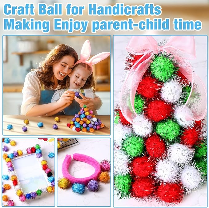 Poen 300 Pieces Cat Toy Fuzzy Balls 1.8 Inch Assorted Color Pom Pom Interactive Tinsel Balls for Indoor Cats