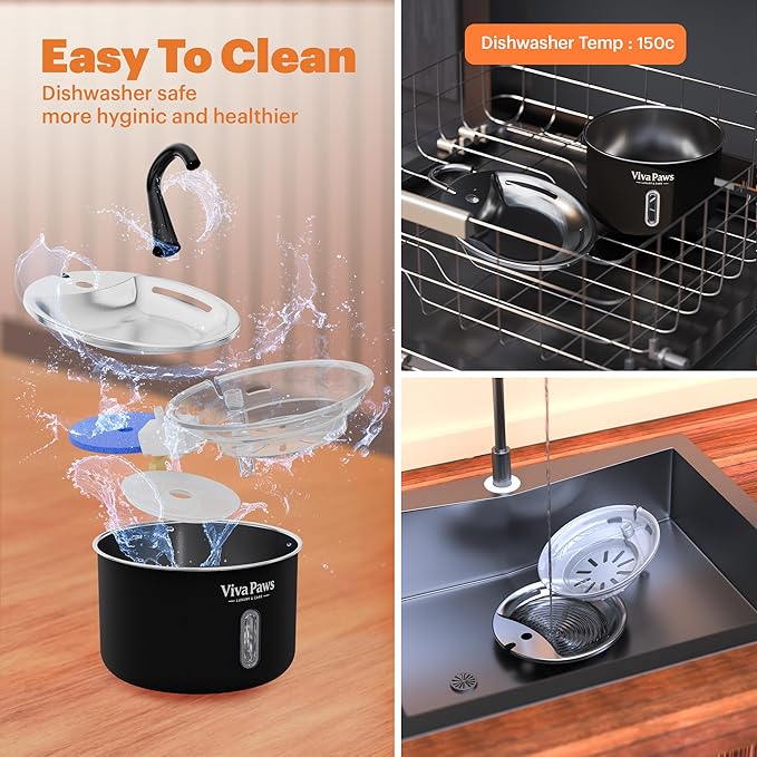 Cat Water Fountain Stainless Steel, Viva Paws 2.2L Automatic Drinking Fountain for Cats, Ultra Quiet Pet Fountain with 4 Stage Filtration System, Easy to Clean Indoor Cat Supplies