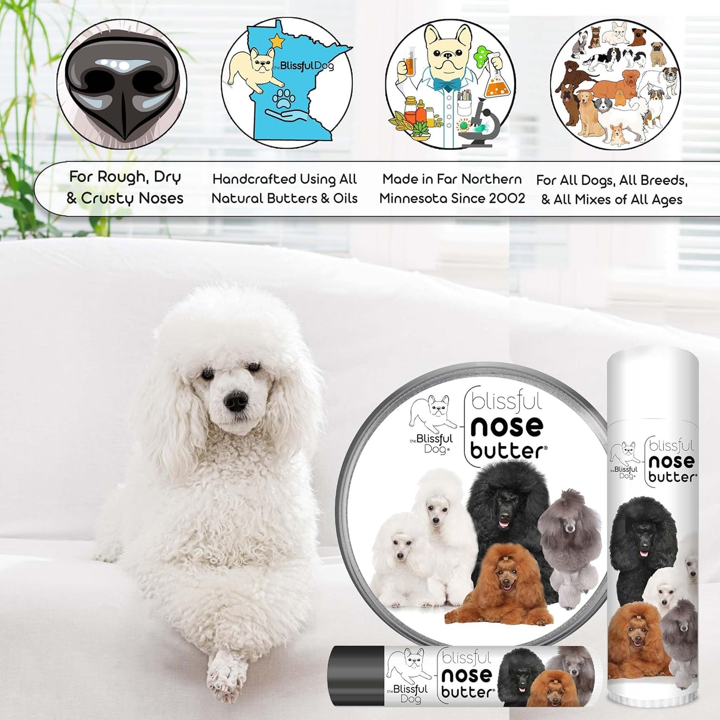 The Blissful Dog Poodle Nose Butter, Versatile Dog Nose Balm for Dry Nose, Handcrafted Nose Moisturizer, Easy-to-Apply Dog Essentials, Unscented, 1 oz.