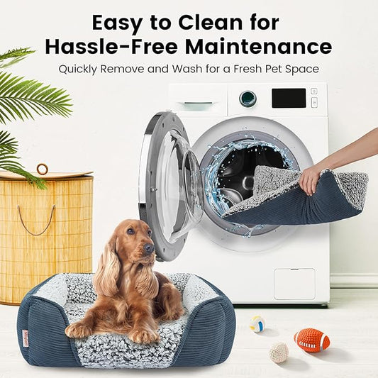 Miguel Washable Cat Beds for Indoor Cats with Removable Cushion, Easy to Wash Small Pet Sofa Bed with Side, Rectangle Bolster Kitten Bed Calming Cuddle Puppy Bed with Anti-Slip Bottom, Blue 18 Inch