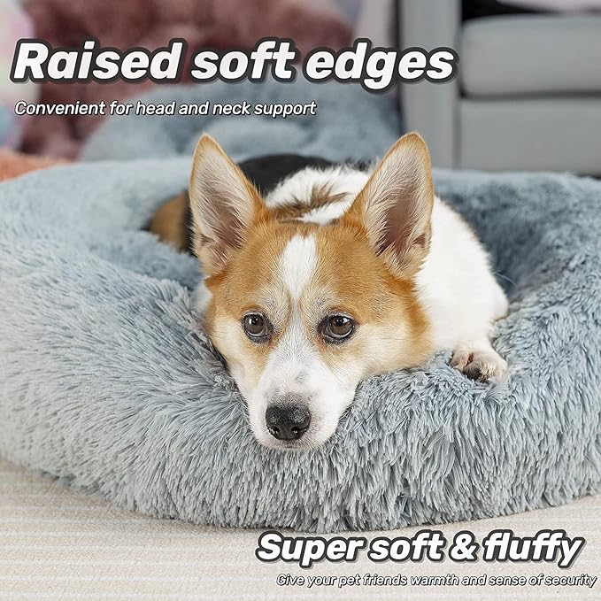 Anti Anxiety Round Fluffy Plush Faux Fur Warm Washable Dog Bed & Cat Bed, Original Bed for Small Medium Large Pets,Used to Relieve Joints and Improve Sleep（20"/24"/27''） (24", Light Grey)