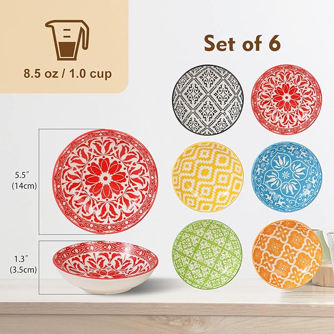 Ceramic Cat Dishes for Food - Colorful Cute Cat Bowl Set of 6 - Wide, Shallow, Whisker Friendly - Microwave and Dishwasher Safe - 8.5 oz - 5.75 inch