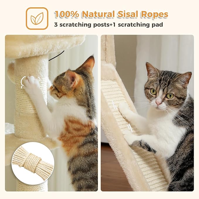 PAWZ Road Cat Tree, 51.6 Inches Cat Tower with Dual Condos, Spacious Perch, Cozy Basket and Sisal-Covered Scratching Posts for Small Cat and Kittens- Beige