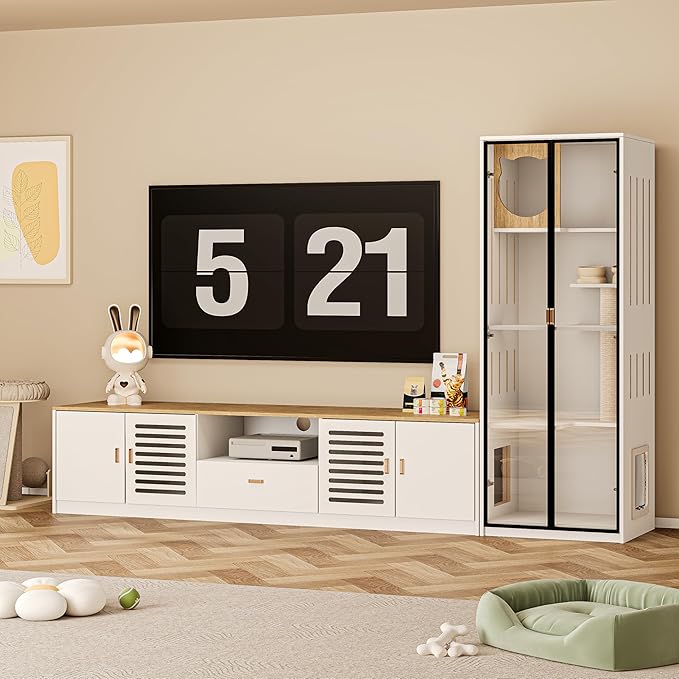 98.4" White TV Stand and Cat Tree Cabinet, 2-in-1 Entertainment Center and Cat Climbing Furniture with Scratching Posts Cat Door, Modern Wooden Design with Storage and Drawer for Living Room