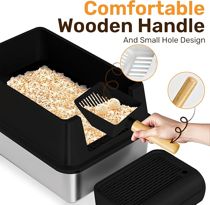 XL Stainless Steel Cat Litter Box with Enclosure and Pooper Scooper - Durable Black Metal Litter Box for Big Cats, High Sides for Anti-Leakage, Never Absorbs Odors, Non-Sticky - (60x40cm) (Black)