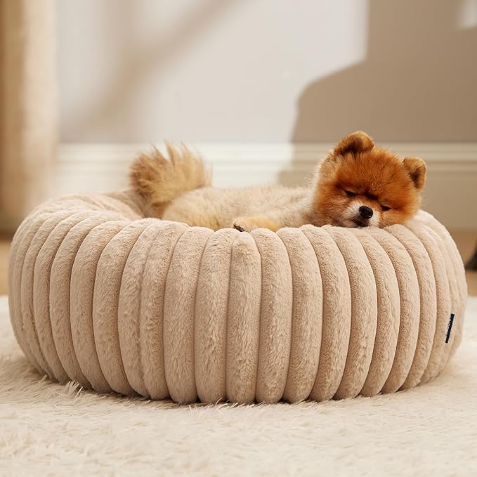 Bedsure Donut Small Dog Bed - Dog Beds for Small Dogs with Corduroy Fleece & Anti Slip Bottom, Round Faux Fur Pet Beds with Washable Removable Cover, Sandy Tan, 23x23x7 inches