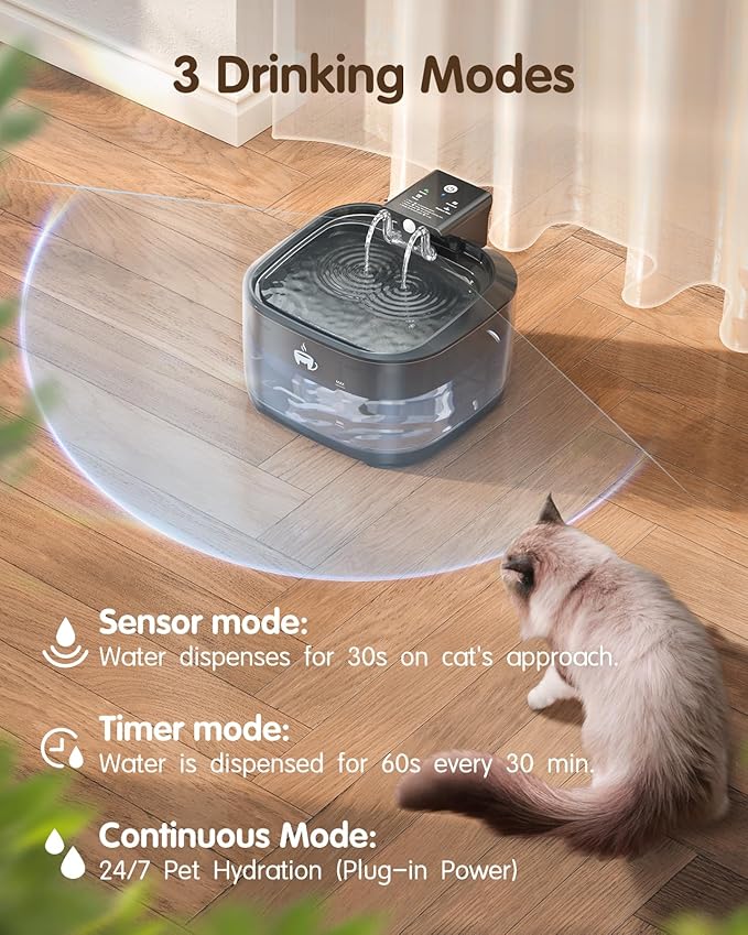Wireless Cat Water Fountain, 108oz/3.2L Cat Water Fountain Battery Operated with 3 Modes, 5000mAh Battery, Ultra Quiet Motion Sensor Pet for Cats, Bright Black