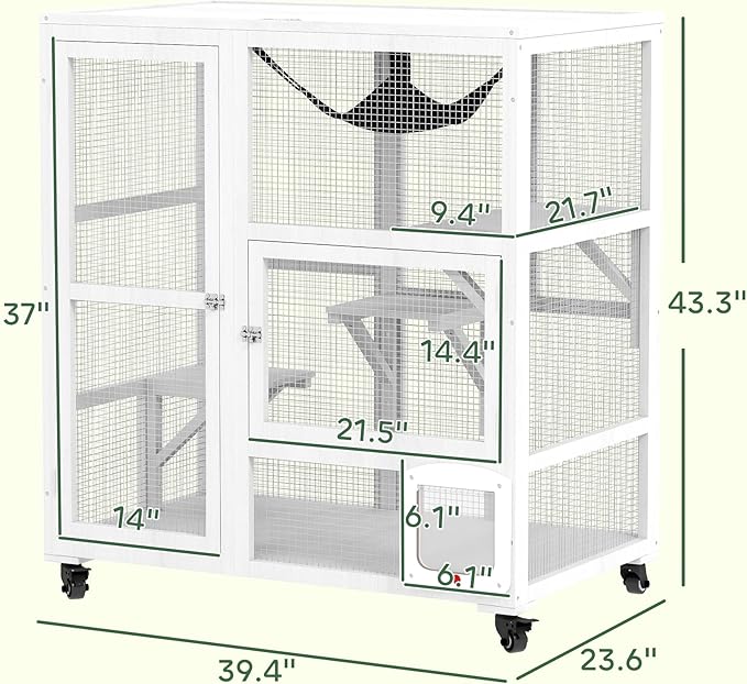 PawHut Indoor Wooden Catio, Cat House Cat Enclosure on Wheels with 3 Platforms, Hammock, Cat Flap Door & Openable Top, Luxury Kitty House for 2 Cats, 39", White