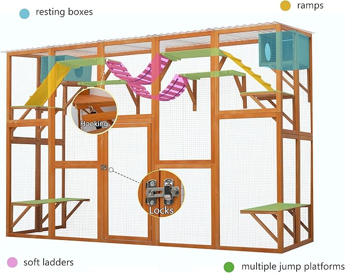 Merax 118 Inch Wooden Catio Outdoor Cat Enclosure,Large Luxury Kitty-House with 6 Jumping Platforms, 2 Bridges & Transparent PVC Roof, Kitty Kennel Condo Shelters and a Napping House, Natural