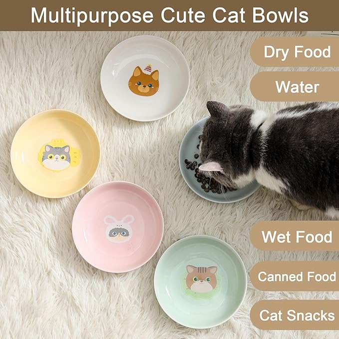 Ceramic Cat Bowls Set - 5.5 inch Cat Food Bowls Whisker Fatigue Friendly, 5 Wide Cats Plates for Wet Food Dry Food Water