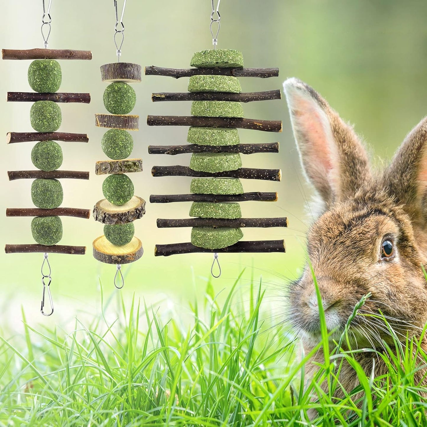 ERKOON Bunny Chew Toys, Rabbit Chew Toys for Teeth Grinding, Improve Dental Health, 100% Natural Apple Wood Timothy Grass Cake Treats for Rabbits Guinea Pigs Chinchillas Bunnies Hamsters (9 Pcs)