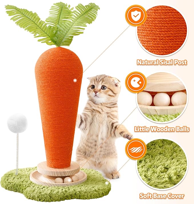 24'‘ H Cat Scratching Post Carrot with Catnip, Cute Cat Scratcher Post with Durable Natural Wooden Turntable Toy, Carrot Shape Design Cat Toy Cat Tree Sisal Scratcher for Indoor Cats (Cloud Base)