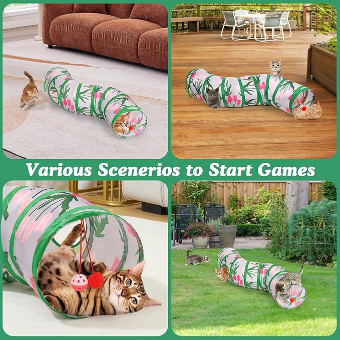 Pawaboo Cat Tunnel, S-Shaped Cat Tube Tunnel 25 * 97cm(9.8''*38.2'') with Balls and Bells, Collapsible Portable Kitten Play Tent Toy Interactive Cats House with Peep Holes for Kitty, Tulip & Bird