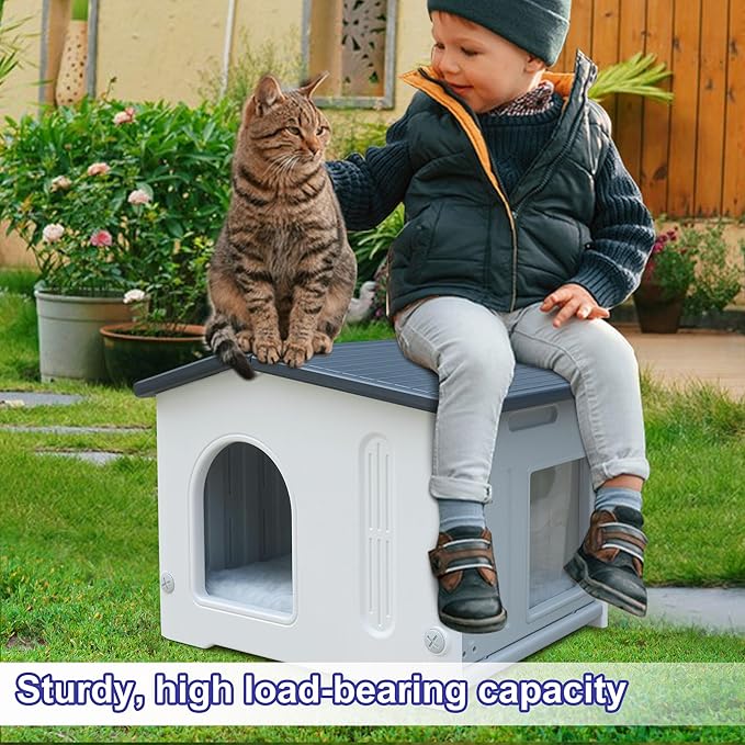 Plastic Cat House for Outdoor Indoor Use, Feral Cat House with Escape Door and Soft Mat, Cat Houses for Outdoor Cats Outside Cat Shelter for Small Pet, Assemble Easily - Grey