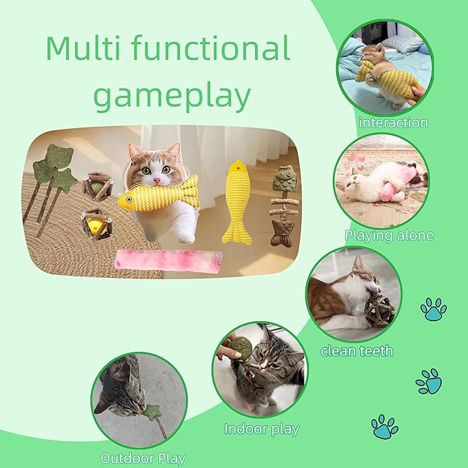 Natural Cat Toys Set with Catnip Fish & Bone,Catnip Plush Toy & Natural Silvervine Stick Cage Balls & cat nip for Cats Lolipop, 8-Piece cat Toys for Indoor Cats Interactive Pet Toys