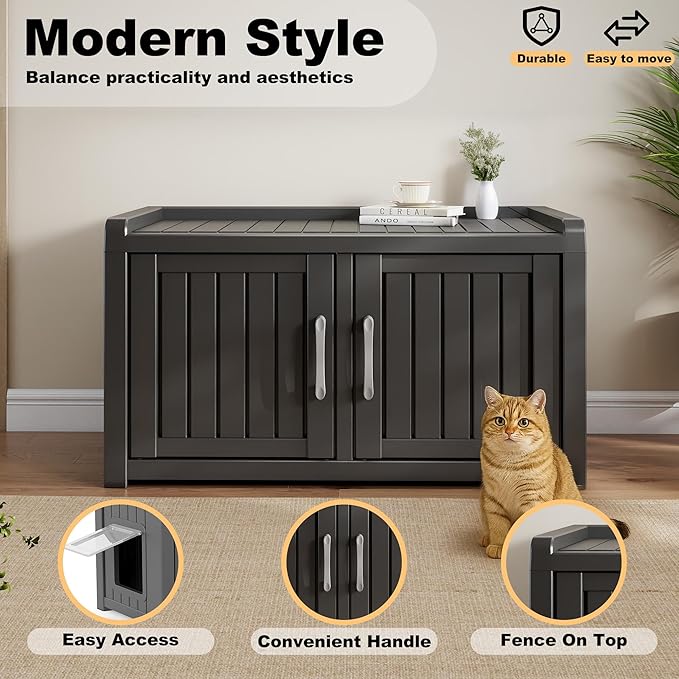 Cat Litter Box Enclosure Resin Hidden Cat Litter Box Furniture Multi-Functional Double Door Spacious Odorless Waterproof UV-Resistant Indoor Outdoor Use Black