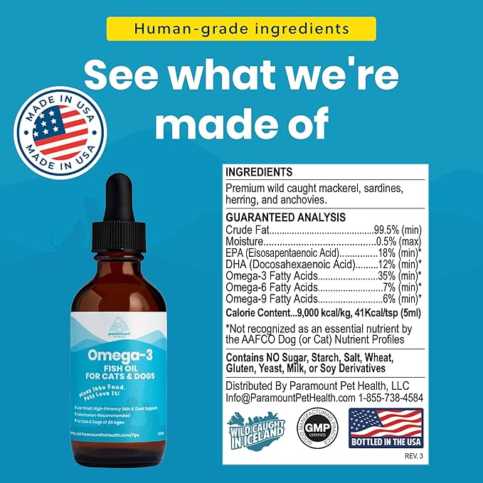 Wild-Caught Omega 3 Fish Oil for Dogs & Cats, Liquid EPA DHA Supplement for Skin, Coat, Joints & Heart, Low-Odor Omega 3 Drops for Small Dog Breeds & Cats with Itchy Skin, 2 oz