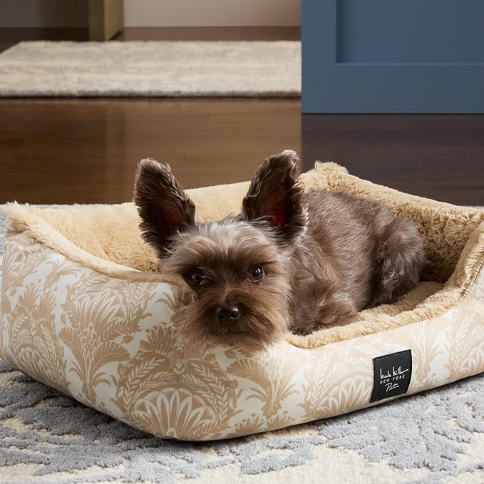 Nicole Miller New York PET Mod Damask Plushy Bolster Pet Bed, Cozy & Calming, Non-Slip Bottom, Machine Washable Cover, Taupe, Medium 30"x23"x8"