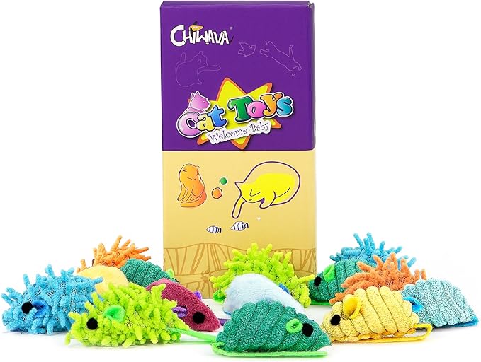 CHIWAVA 27PCS 2" Striped Shaggy Cat Toy Mice with Rattle Assorted Small Mouse Interactive Play for Indoor Cats Mix Color