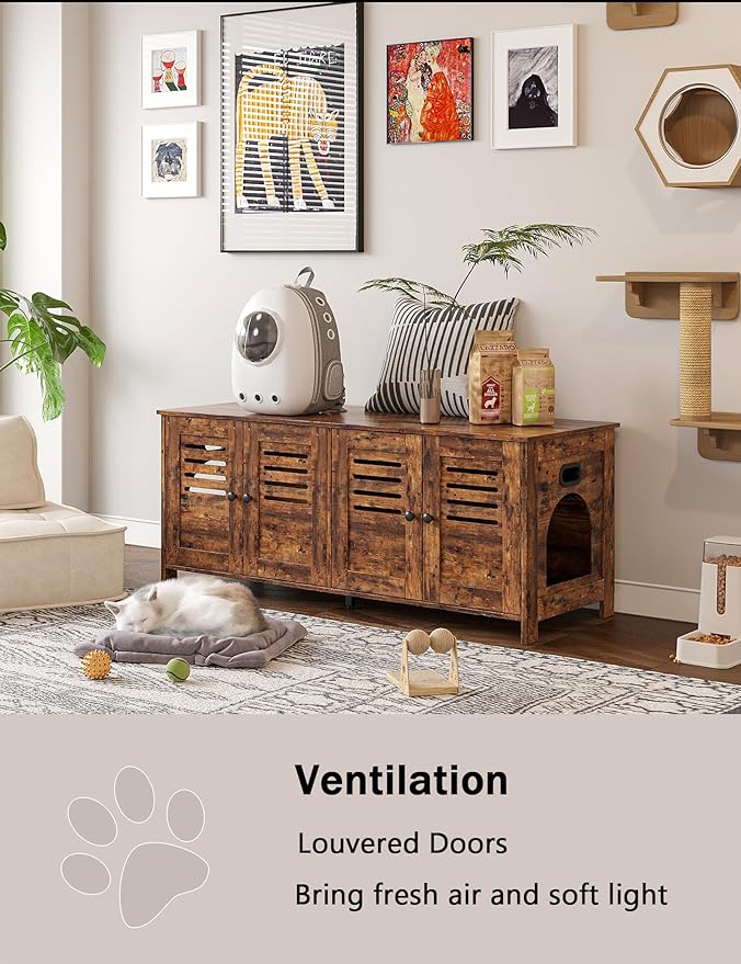 DINZI LVJ Litter Box Enclosure for 2 Cats, Hidden Litter Box Furniture with Double Rooms, Dual Cat Litter House, Front Doors, 47.2" Wooden Hidden Cat Washroom, Side End Table, TV Stand, Rustic Brown