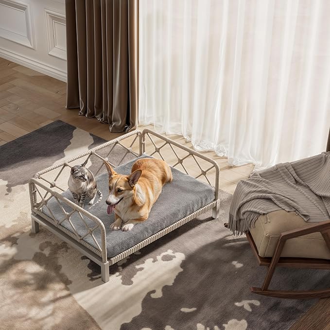Dog Bed with Cushion, Cooling Elevated Raised Beds with Rattan Breathable Mesh and Universal Mat, Indoor & Outdoor Pet Cots for Small Dog, Grey