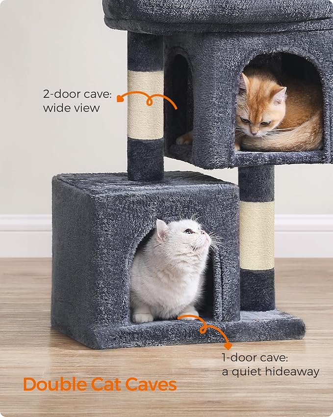 Feandrea Cat Tree, 26.4-Inch Cat Tower, S, Cat Condo for Kittens up to 7 lb, Large Cat Perch, 2 Cat Caves, Scratching Post, Smoky Gray UPCT611G01
