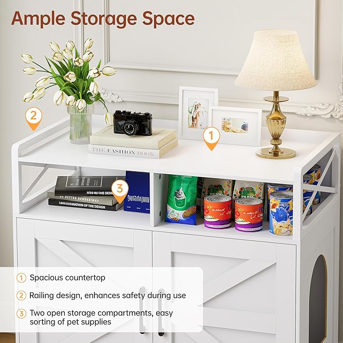 Cat Litter Box Enclosure Furniture - Hidden Litter Box Cabinet with Scratch Pad & Odor Control | Farmhouse Style End Table for Cats | Discreet Cat Washroom for Living Room & Bedroom White